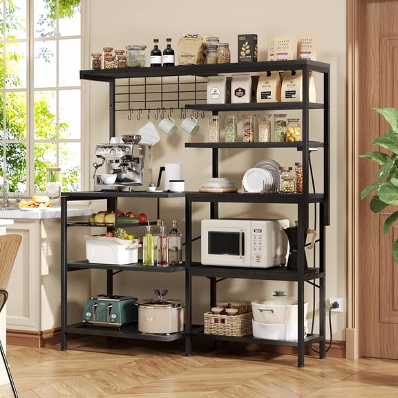 L-Shaped Baker's Rack with Power Outlet, 6-Tier Microwave Stand and Coffee Bar, Black