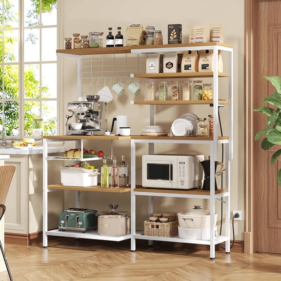 L-Shaped Bakers Rack with Power Outlet, 6-Tier Microwave Stand with Open Storage, Kitchen Shelf with Hooks, Coffee Bar with Wire Basket, White
