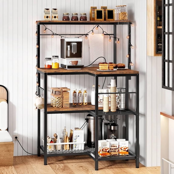 L-Shaped Bakers Rack with Power Outlet, 4-Tier Corner Microwave Stand with Storage, Coffee Bar Station with 8 Hooks, Kitchen Shelf Rack, 2 Installation Methods, Rustic Brown and Black BF20UHB01