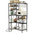 thumbnail image 1 of L-Shaped Bakers Rack with Power Outlet, 6-Tier Microwave Stand with Open Storage, Coffee Bar with Hooks, Mesh Grid, Kitchen Shelf with Wire Basket, Black, 1 of 14