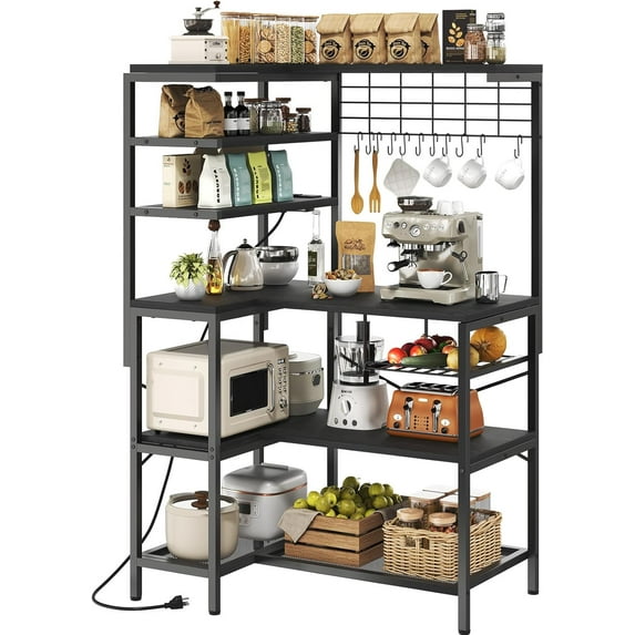L-Shaped Bakers Rack with Power Outlet, 6-Tier Microwave Stand with Open Storage, Coffee Bar with Hooks, Mesh Grid, Kitchen Shelf with Wire Basket, Black