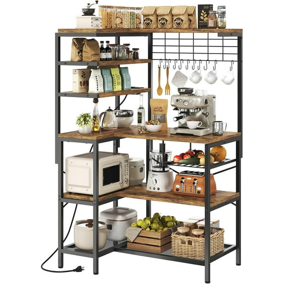 L-Shaped Bakers Rack with Power Outlet, 6-Tier Microwave Stand with Open Storage, Coffee Bar with Hooks, Mesh Grid, Kitchen Shelf with Wire Basket, Rustic Brown and Black