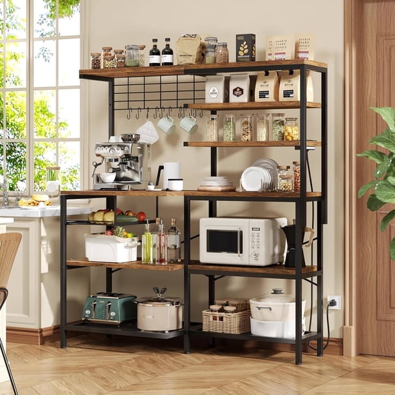 L-Shaped Baker's Rack with Built-In Power Strip, 6-Tier Microwave Stand and Coffee Bar with Wire Basket, Brown and Black