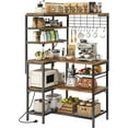 thumbnail image 1 of L-Shaped Bakers Rack with Power Outlet, 6-Tier Microwave Stand with Open Storage, Coffee Bar with Hooks, Mesh Grid, Kitchen Shelf with Wire Basket, Rustic Brown, 1 of 8