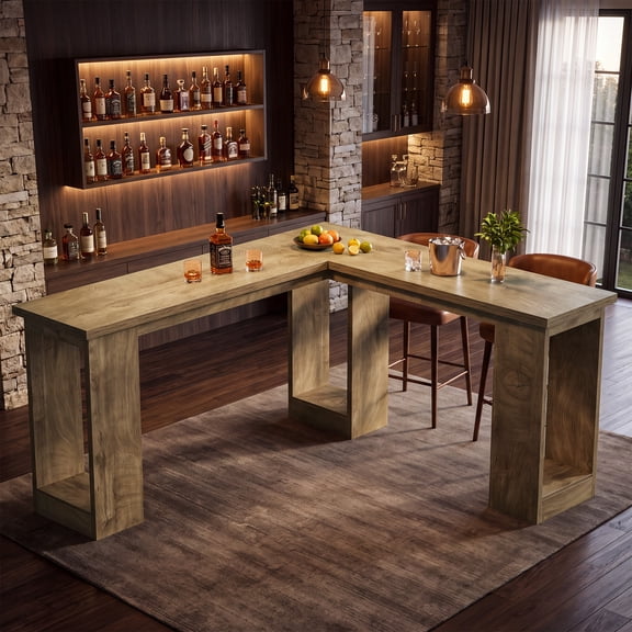 L-Shaped Bar Table, Corner Counter Height Pub Table with Open Storage Legs, Industrial Wooden Breakfast Nook Table for Kitchen, Dining Room & Apartment