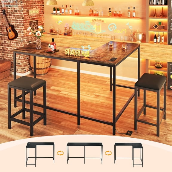 L Shaped Bar Table with Stools,63‘’ Bar Height Table with Power Outlets, Convertible Corner Counter Height Bar Table with 2 Stools, Rectangular High Top Table for Small Spaces,Breakfast Nook, Rustic