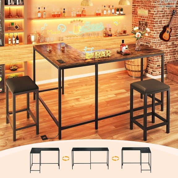 L-Shaped Bar Table with 2 Stools, 63" Bar Height, Convertible Corner Design, Built-in Power Outlets & USB Ports