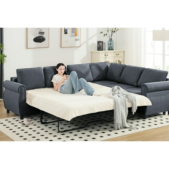 L Shaped Bed, 6 Seater Sleeper Sectional, Gray, With A High Foam And Leg Support Sectional Couch, Cushion Back Wood + Iron Frame For Long-term Use