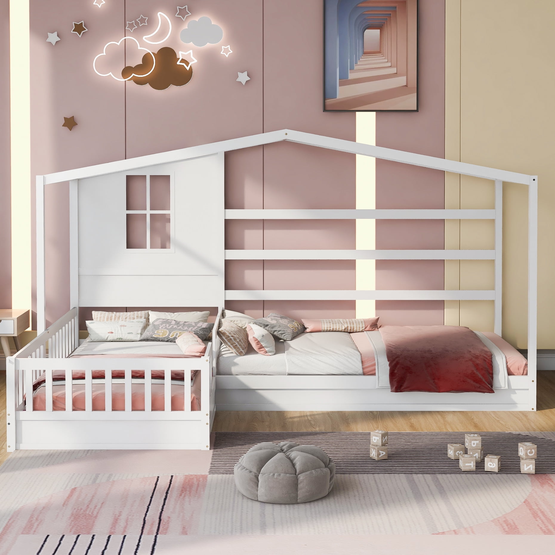 L Shaped Bed Frame with Roof Twin Size Wood Corner Bed House Bed Twin Platform Bed Frame for 2 Kids Wood Slat Frame No Box Spring Needed White
