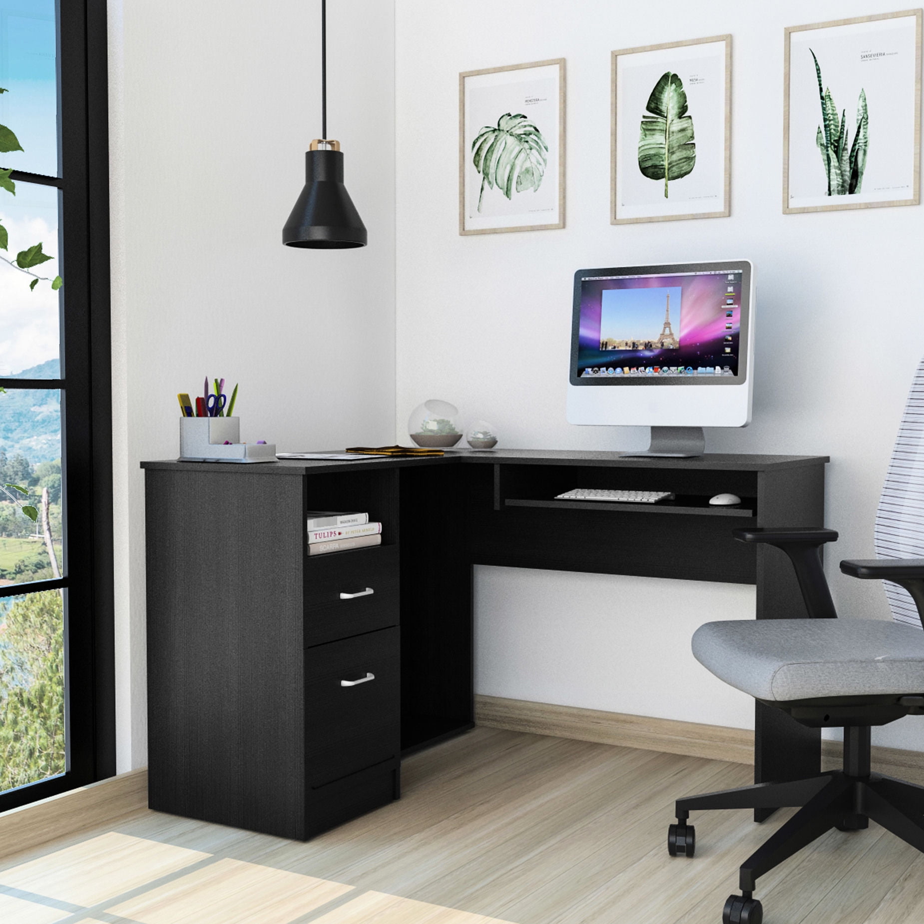 L-Shaped Black Particle Board Desk+Retractable Keyboard Tray"-"Corner ...