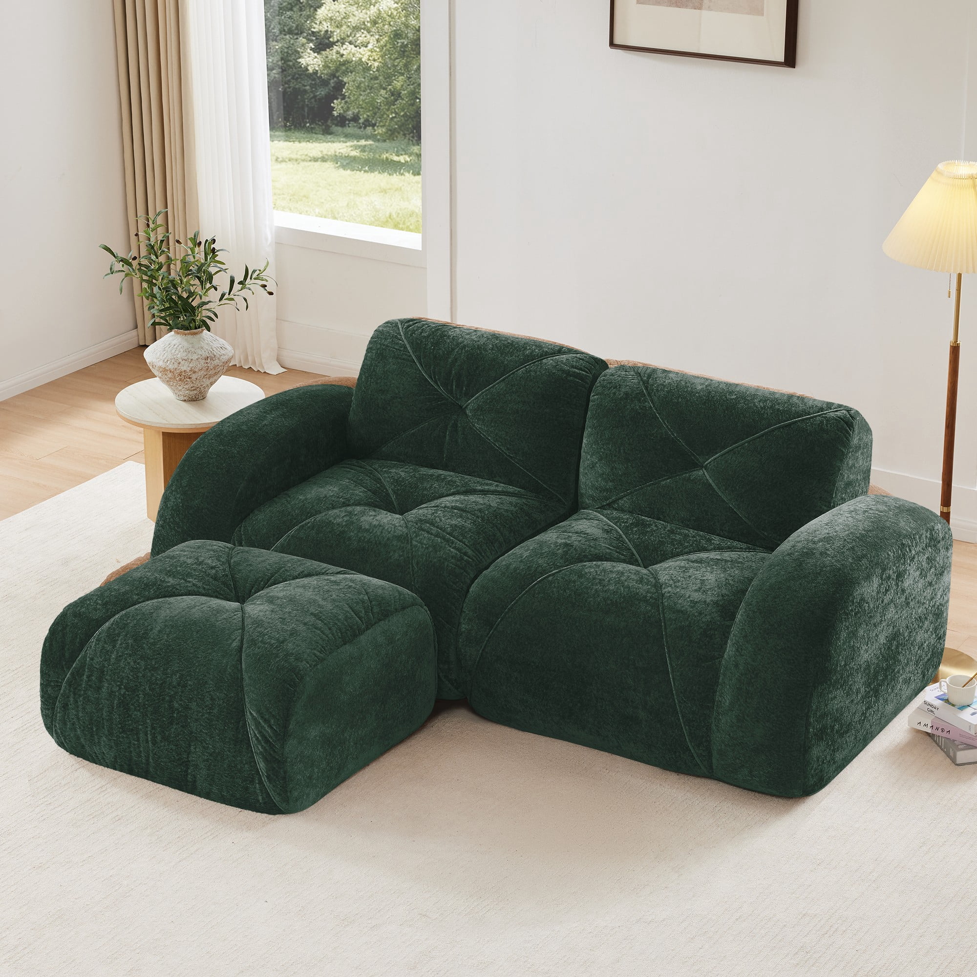 L-Shaped Boneless Sofa, Soft Velvet Fabric, Tufted Design, 32D High Density Sponge, No Assembly Required, Ergonomic Design Bottom, Anti-Slip Design, Movable Ottoman for Bedrooms (Green)