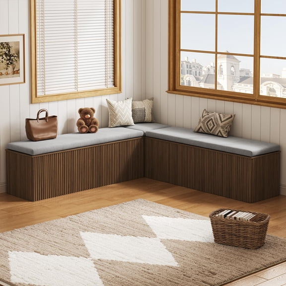 L Shaped Breakfast Nook Bench, Kitchen Corner Dining Seating With Padded Cushion, Hidden Storage Organizer Cabinet For Dining Room Entryway, Modern Fluted Design, Walnut, Single Piece