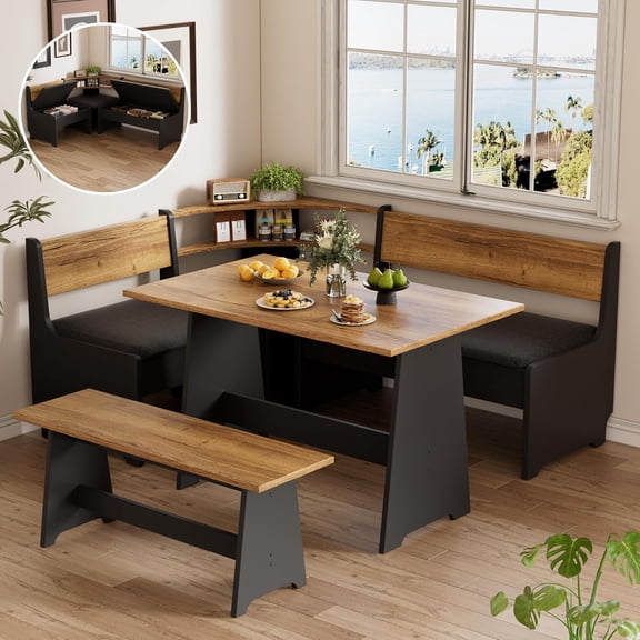 PakaLife Farmhouse Breakfast Nook Dining Table Set, L-Shaped Dining Table Set with Cushioned Bench and Hidden Storage for 3-5 People,Black