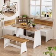 PakaLife Farmhouse Breakfast Nook Dining Table Set with Cushioned Bench, Modern Reversible Indoor Kitchen Table with Hidden Storage for 3-5 People