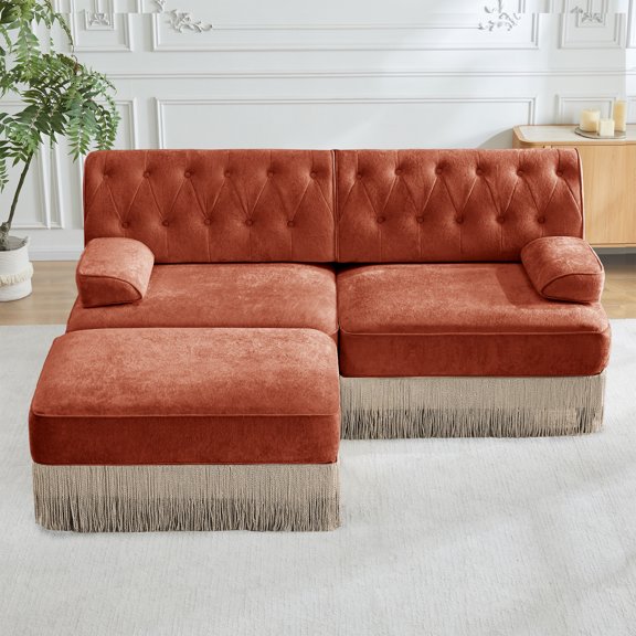 L-Shaped Breathable Comfort Velvet Fabric,Tassel Skirt Chesterfield Sofa ,Free Combination,Slightly curved square armrests,Premium Wooden Base ,Easy to Assemble,For Living Room,Bedroom,Red