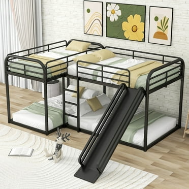 L-Shaped Bunk Bed for 4, Full and Twin Size Bunk Bed with Slide & Short Ladder & Full-length Gardrails, Metal Floor Bunk Bed Frame for Kids Teens Girls Boys, No Box Spring Needed, Black