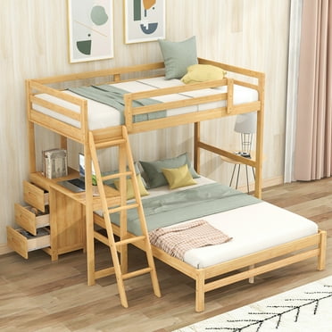 L-Shaped Bunk Bed with Built-in Desk and 3 Drawers, Wood Twin over Full Bunk Bed Frame with Safety Guardrail and Ladder, Space-Saving Loft Bunk Bed, Separated into 2 Beds, No Box Spring Needed Natural