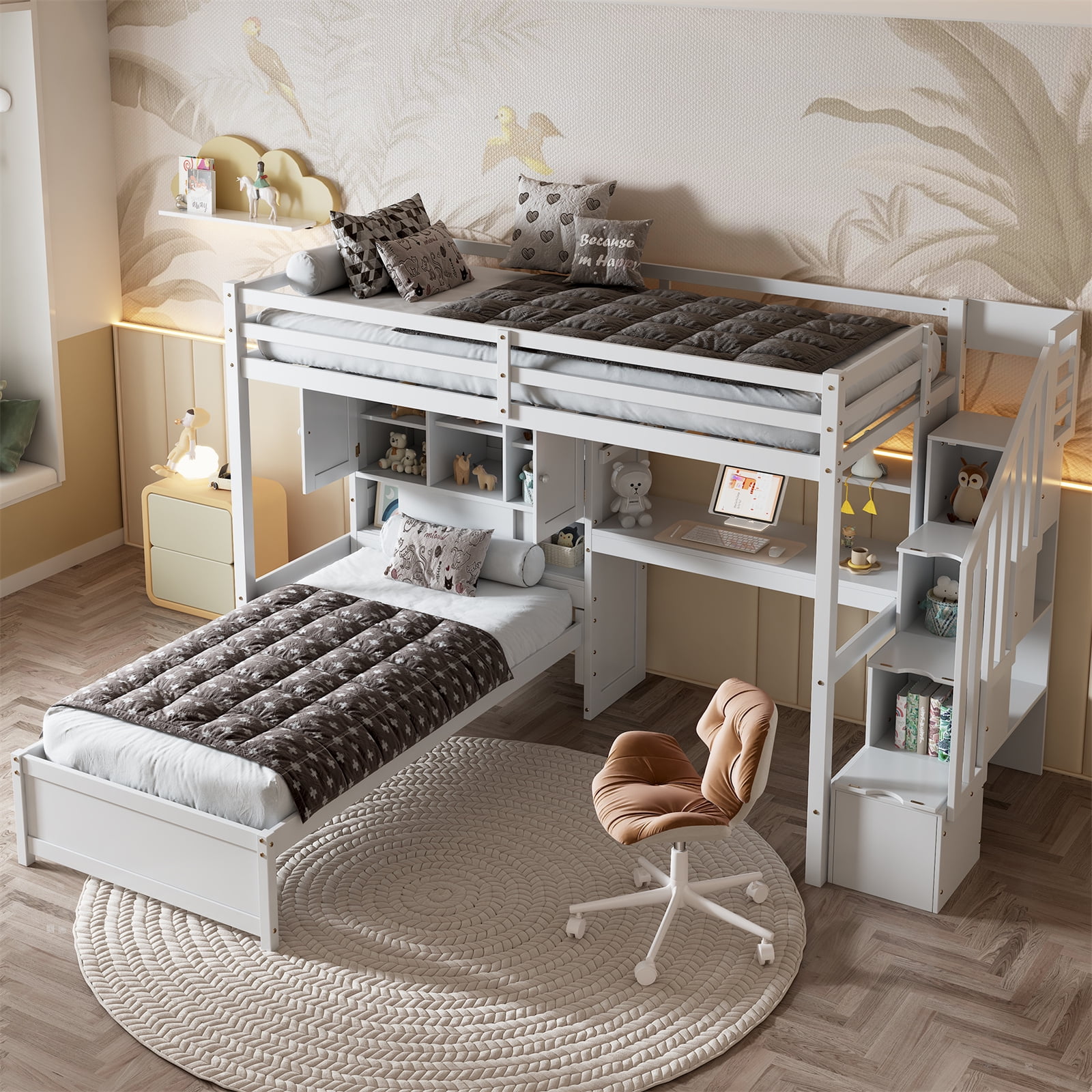 L-Shaped Bunk Bed with Built-in Desk and Staircase, Twin Over Twin