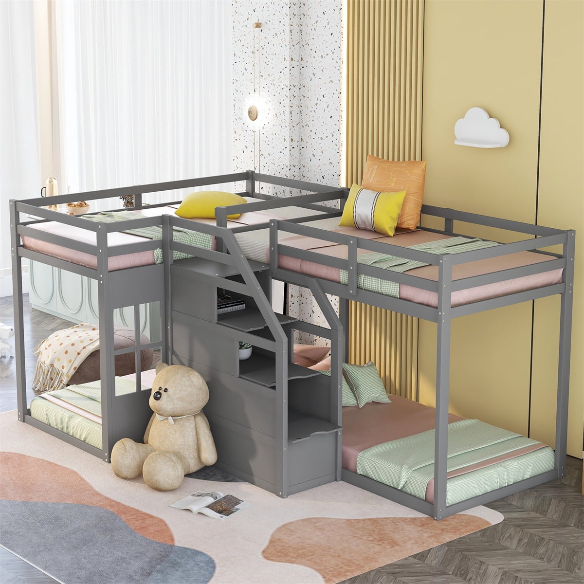 L Shaped Bunk Bed with Built in Middle Staircase Wood Twin Bed