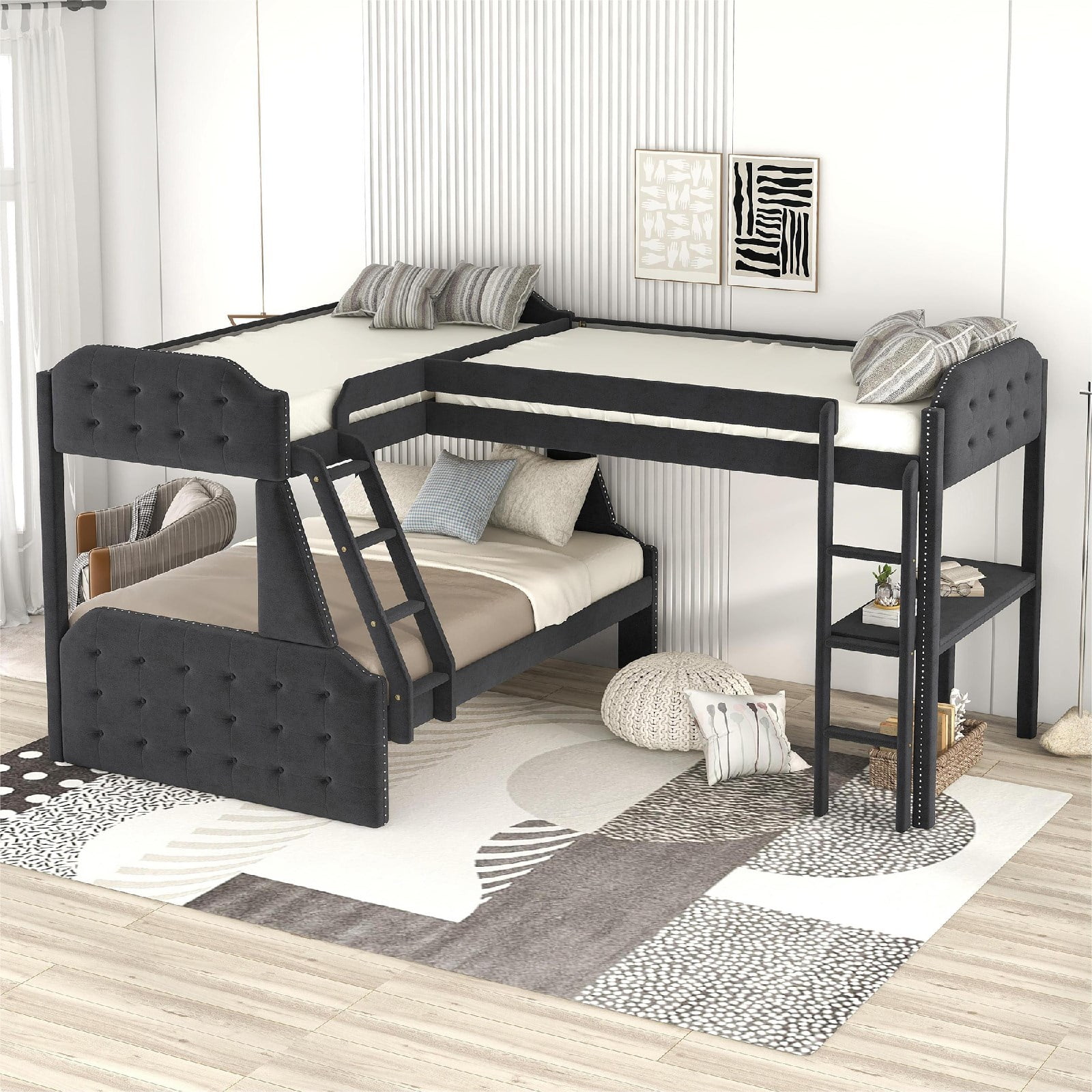 L Shaped Bunk Bed with Desk, Twin Over Full Upholstered Bunk Bed and