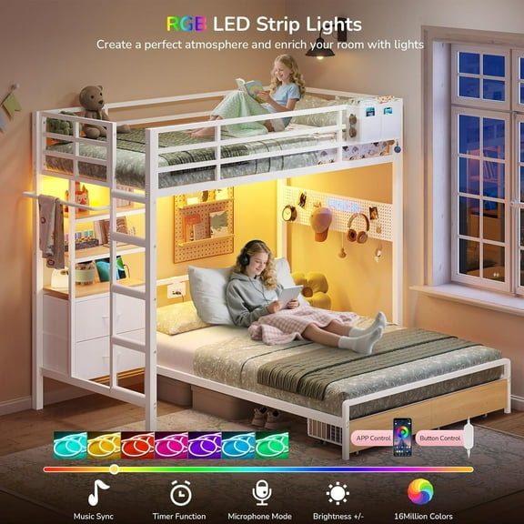 L-Shaped Bunk Bed Twin Over Full Size with 4 Storage Drawers & Charging Station, Metal Bunk Bed with LED Lights & Bookshelf & Pegboard for Adults, Twin Loft Bed with Safety Guardrail & Ladder, White