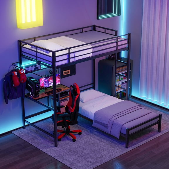 Twin Over Twin Bunk Bed with Desk & Storage, L-Shaped Metal Loft Bed with Shelves, Drawers, Ambient Lighting, Black