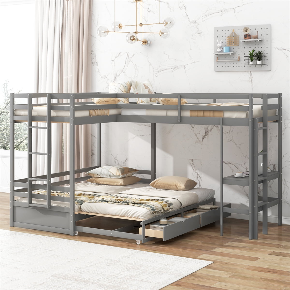 LShaped Bunk Bed,Twin over Twin/King Size Bunk Bed with Builtin Desk