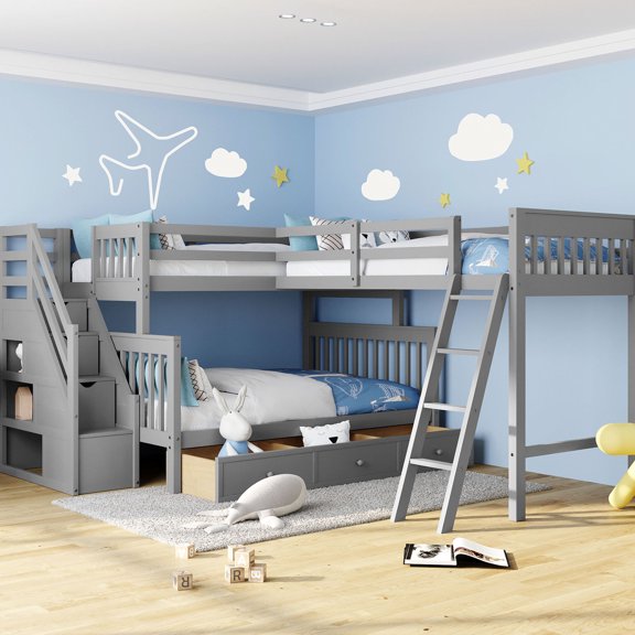 L-Shaped Bunk Bed with Drawers and Guard Rails / Space-saving, Durable Structure