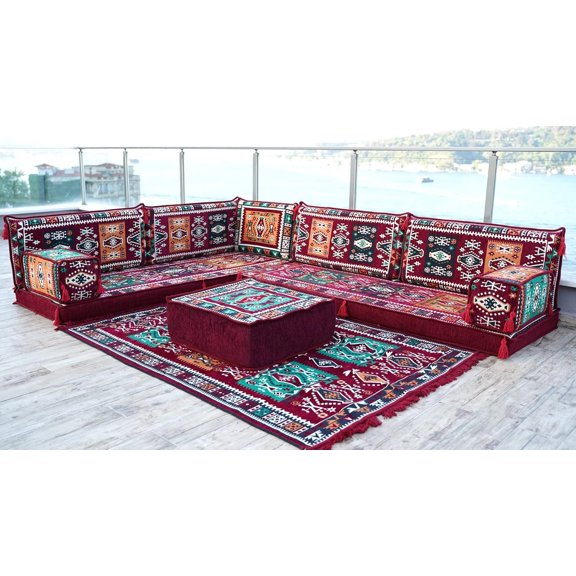 L Shaped Burgundy Sofa for Living Room, Full Size Futon Mattress, Modular Sectional Couch, Convertible Sofa Bed, Turkish Sofa Set