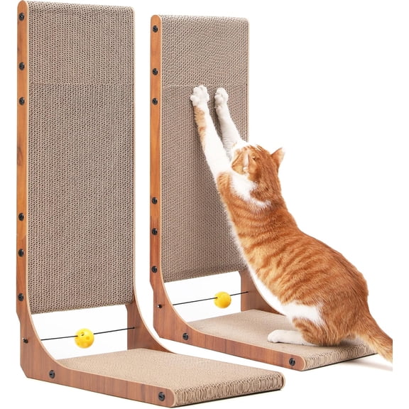 L-Shaped Cardboard Cat Scratching Pad, 26.8-Inch Vertical or Floor Scratcher with Ball Toy, 2-Pack Pet Scratching Board for Indoor Cats, Walnut Finish