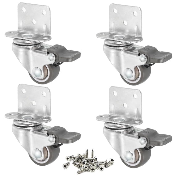 L-Shaped Caster Wheels 1 Inch, Small Side Mount Casters Set of 4 Heavy Duty 100 Lbs with Brakes, Silent TPE Rubber Swivel Plate Caster Wheels for Furniture, Rolling Cabinets, Tables