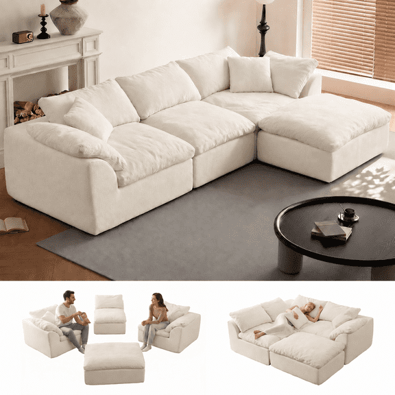 Tenglyptical 109" 4-Seater L-Shaped Chenille Cloud Sofa, Compressed Boneless Sectional Couch, Deep Seat for Living Room,white