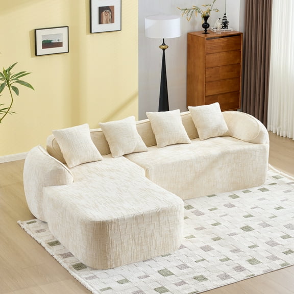 L-Shaped Chenille Compressed Sofa - High-Elastic Sponge, Curved Armrests & 4 Throw Pillows for Living Room,Beige