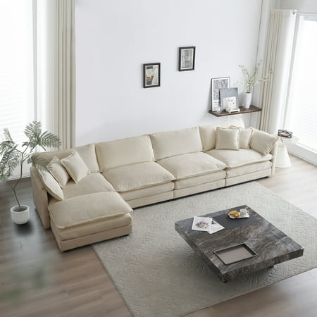 L-Shaped Chenille Sectional Sofa Upholstered Modular 5-Seater Couch with Ottoman and Solid Wood Frame, Easy Assembly Living Room Set