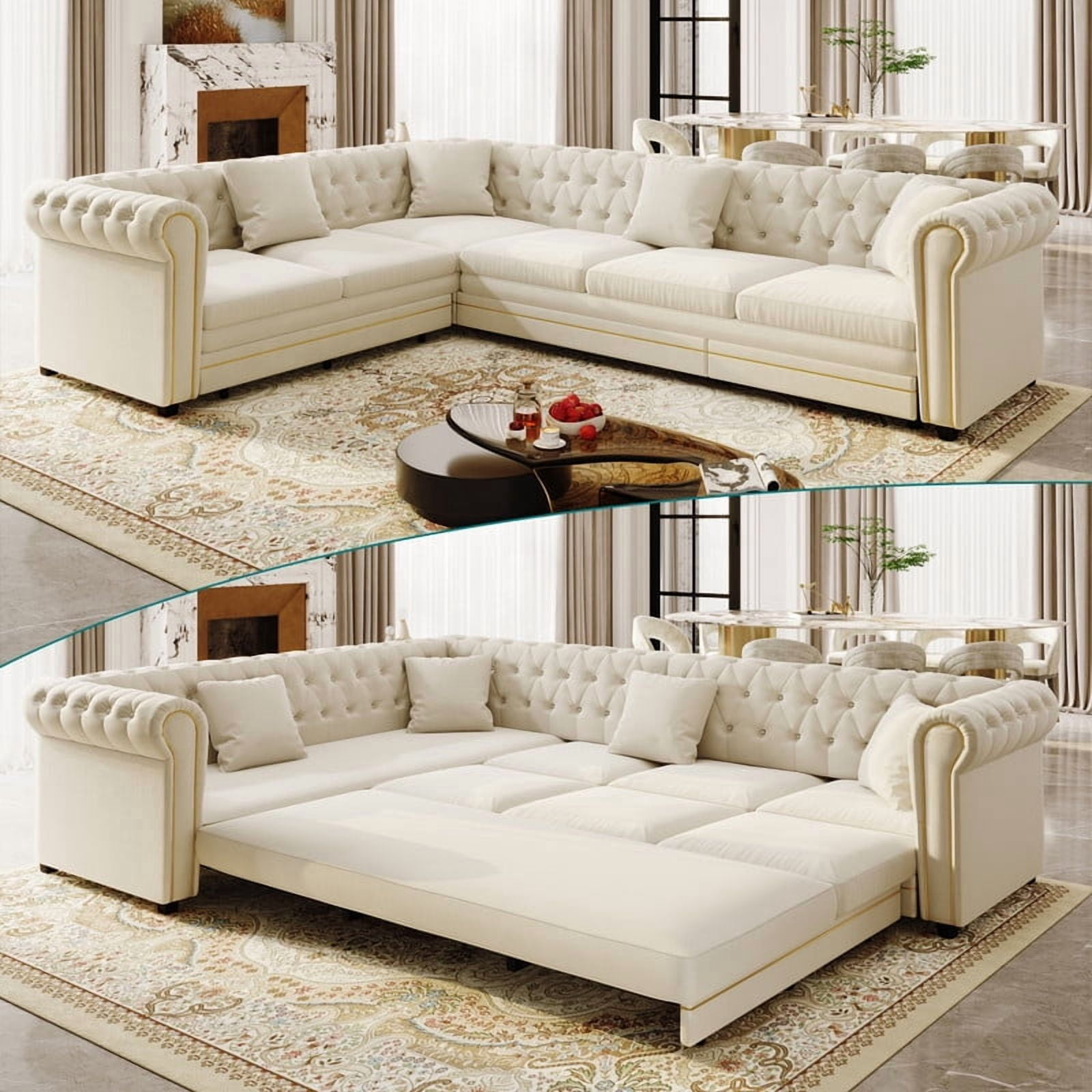 L-Shaped Chesterfield Sectional Sofa Set with Pull-Out Bed, Oversize Convertible Sleeper Sofa, Button Tufted Large Couch