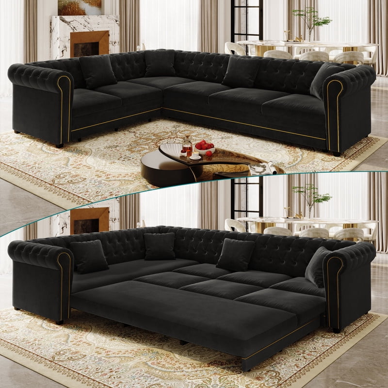 L-Shaped Chesterfield Sectional Sofa Set with Pull-Out Bed, Oversize Convertible Sleeper Sofa, Button Tufted Large Couch