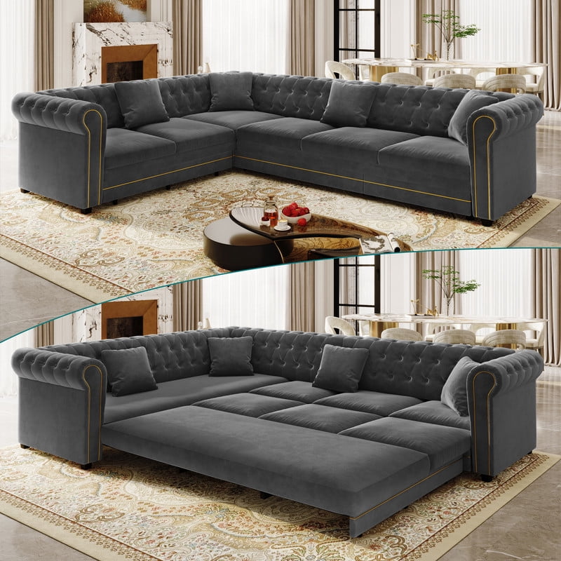 L-Shaped Chesterfield Sectional Sofa Set with Pull-Out Bed, Oversize Convertible Sleeper Sofa, Button Tufted Large Couch