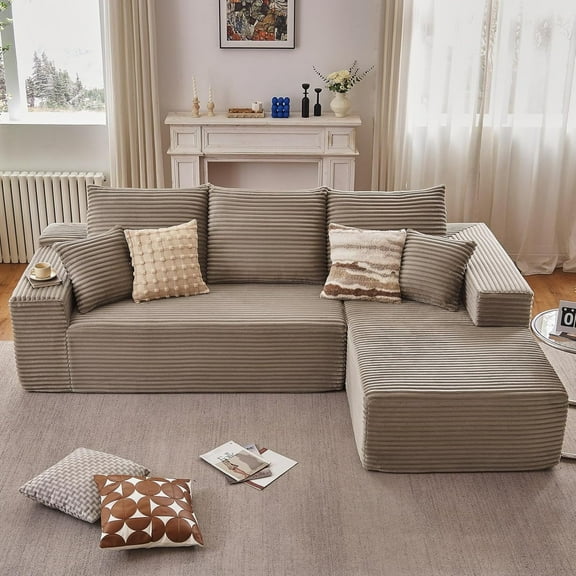 Deep Seat Corduroy Sofa, No Assembly Compressed Couch with Soft Cushions for Living Room & Apartments, Camel