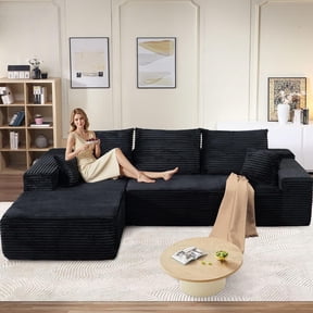 Deep Seat Corduroy Sofa, No Assembly Compressed Couch with Soft Cushions for Living Room & Apartments, Black