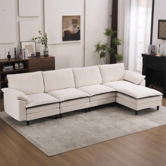 L Shaped Cloud Sofa with Ottoman, Modular Sectional 129.92 Inch Black and White Two-Tone Chenille Deep Seat for Living Room Apartment, Black and White