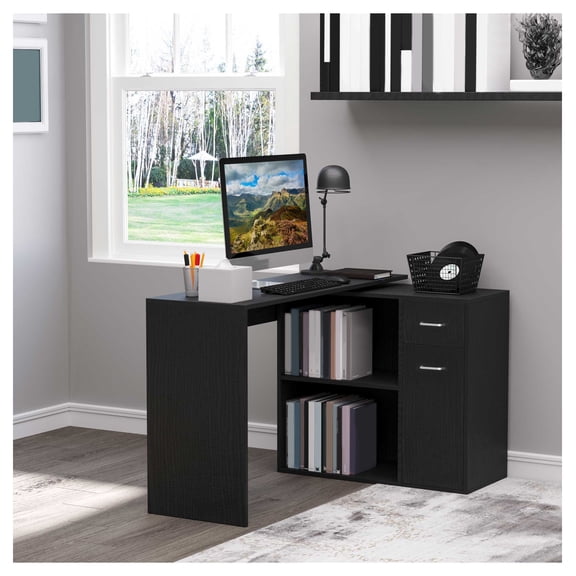 L Shaped Computer Desk 180 Rotating Corner Desk with Storage Shelves, Drawer & Cabinet - Home Office Workstation, Black
