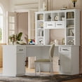 thumbnail image 1 of L-Shaped Computer Desk with 2 Cabinets and 2 Drawers, 11 Open Shelves and 1 Right Flip Shelf with Storage, with Power Outlet, for Study, Living Room and Office, White, 1 of 16