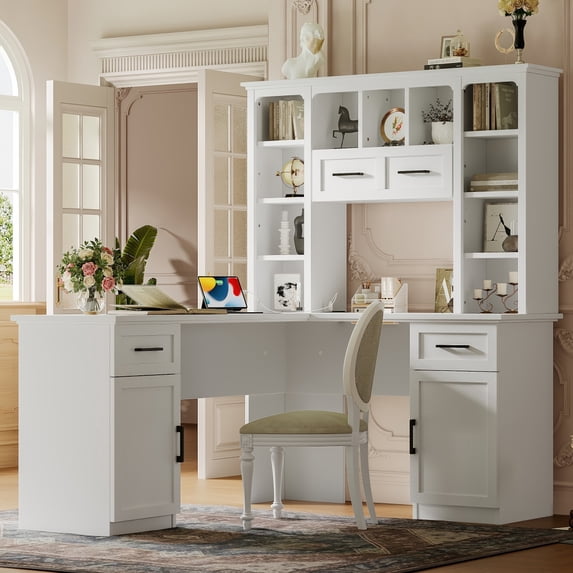 L-Shaped Computer Desk with 2 Cabinets and 2 Drawers, 11 Open Shelves and 1 Right Flip Shelf with Storage, with Power Outlet, for Study, Living Room and Office, White