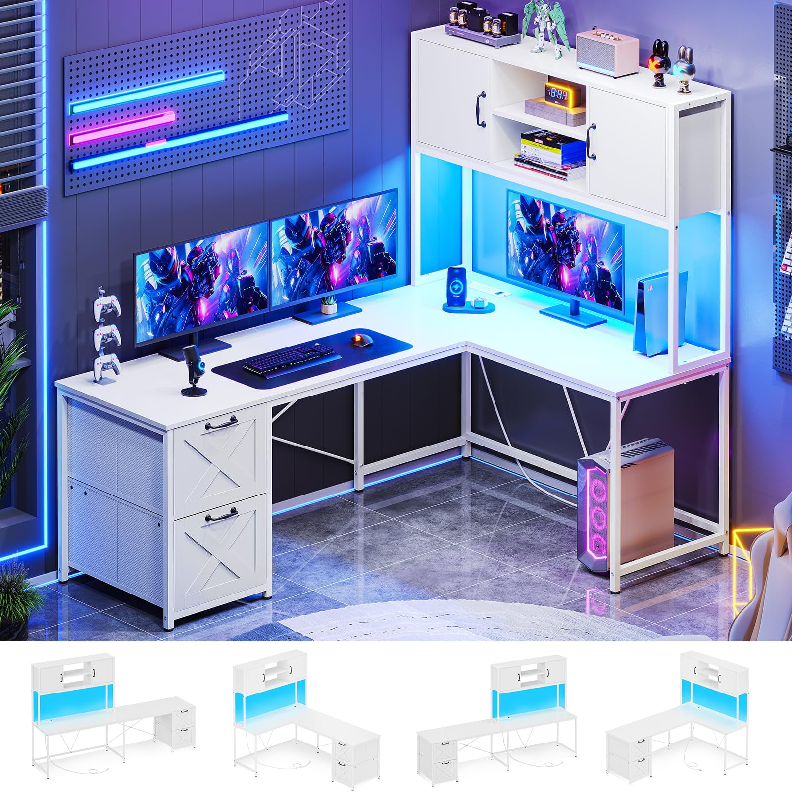 L Shaped Computer Desk 2 Drawers, Reversible Home Office Desk with Led Lights, Hutch and Storage Shelf