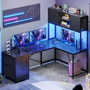 L Shaped Computer Desk 2 Drawers, Reversible Home Office Desk with Led Lights, Hutch and Storage Shelf