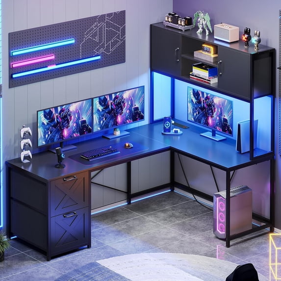 L Shaped Computer Desk 2 Drawers, Reversible Home Office Desk with Led Lights, Hutch and Storage Shelf
