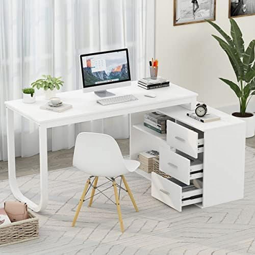 White L-Shaped Executive Desk with Drawers and Shelves