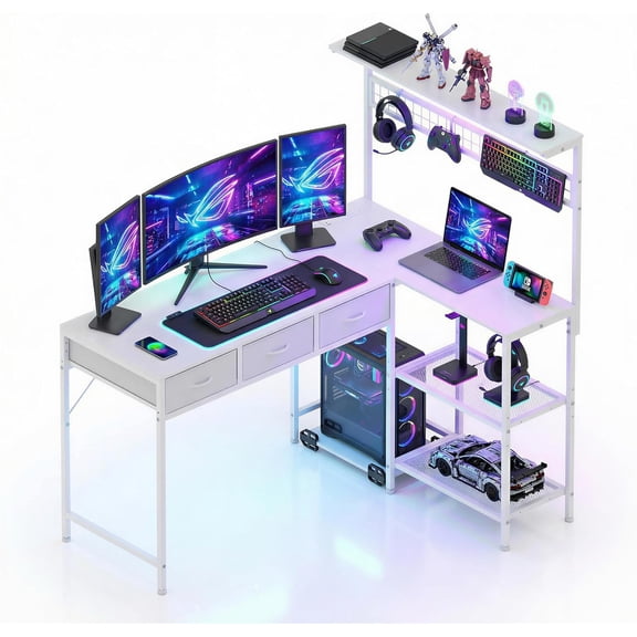 L Shaped Computer Desk, 50.4 in l-Desk Display Shelves with 3 Fabric Drawers, Led Light & Power Outlet, PC Table Workstation for Home Office, Gaming Desk for Small Spaces