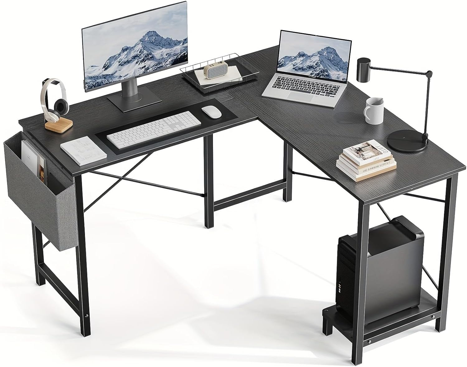 Black L-Shaped Wood and Metal Gaming Corner Desk