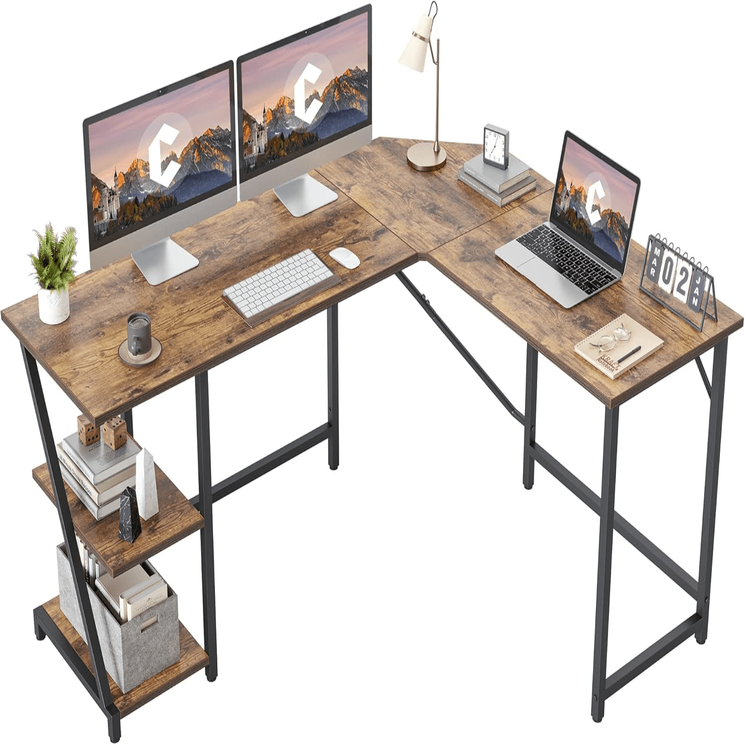 L Shaped Computer Desk 59.1 inch Industrial Office Desk with Storage Shelves Rustic Wood and ...